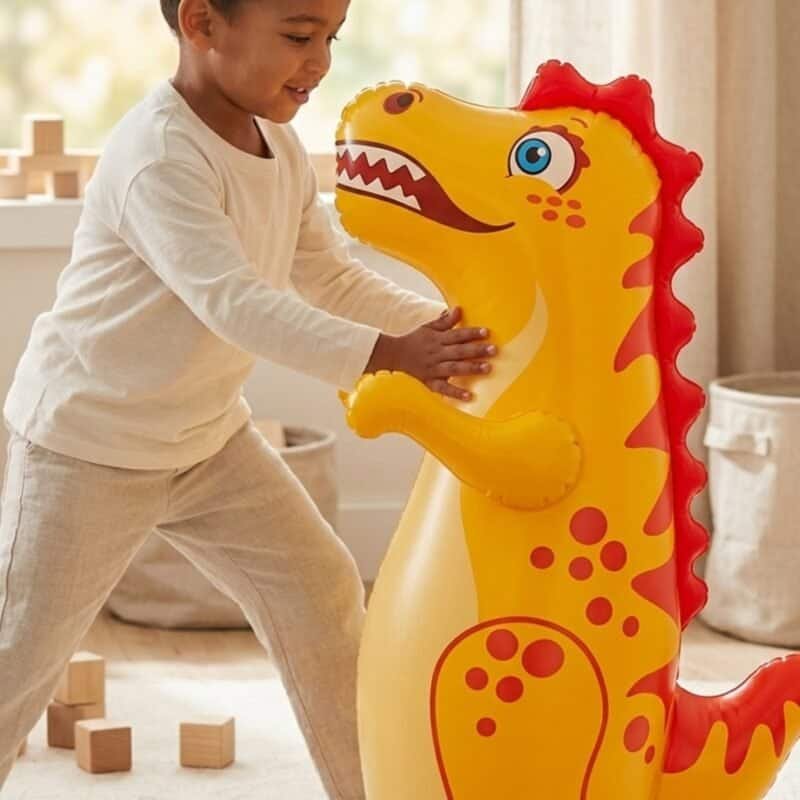 Dragon Punching Bag in play Child playing with the inflatable dragon punching bag